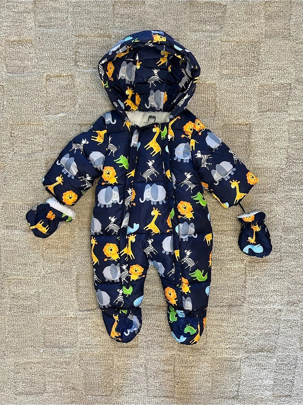 Mother’s Babybear Safari Animal Puffer Snowsuit Pram with Mittens 6-9M